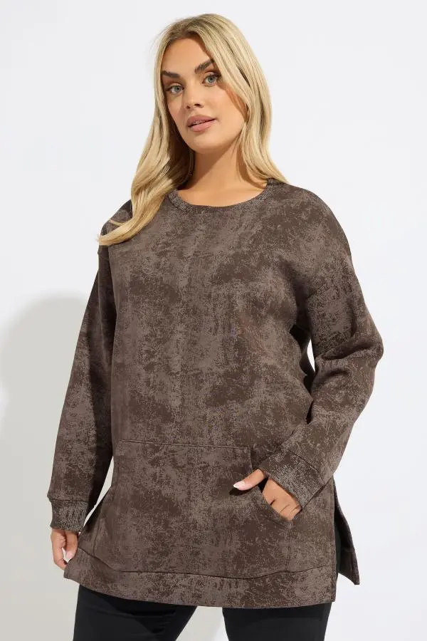 Yours Curve Brown Abstract Pocket Sweatshirt, Women's Curve & Plus Size, Yours