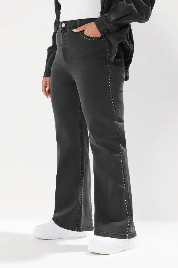 Yours Curve Black Seam Studded Wide Leg Jeans, Women's Curve & Plus Size, Yours
