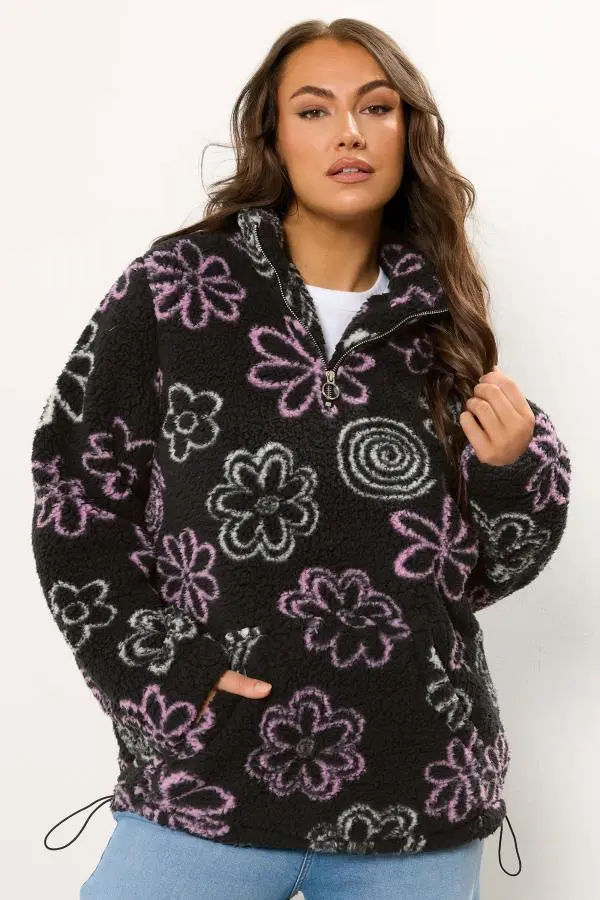 Yours Curve Black Floral Quarter Zip Fleece, Women's Curve & Plus Size, Yours