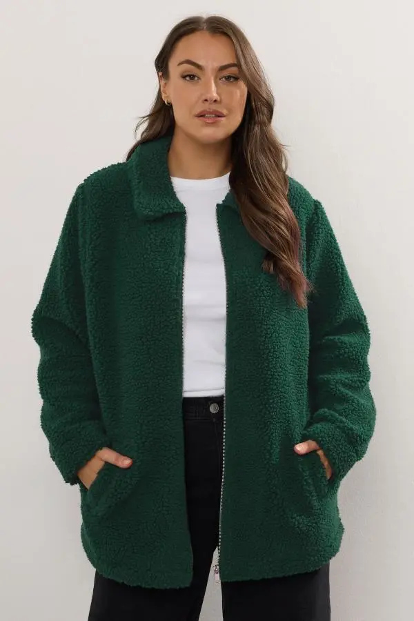 Yours Curve Forest Green Teddy Borg Zip Through Jacket, Women's Curve & Plus Size, Yours
