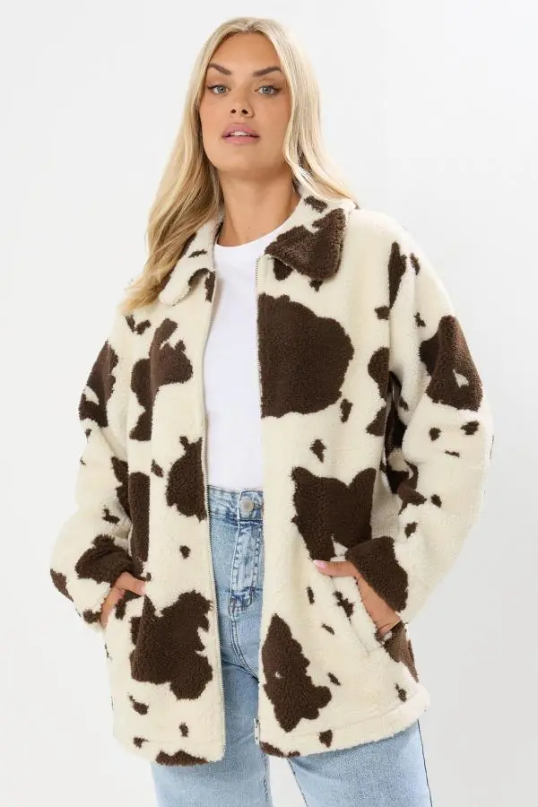 Yours Curve Natural Brown Cow Print Teddy Borg Jacket, Women's Curve & Plus Size, Yours