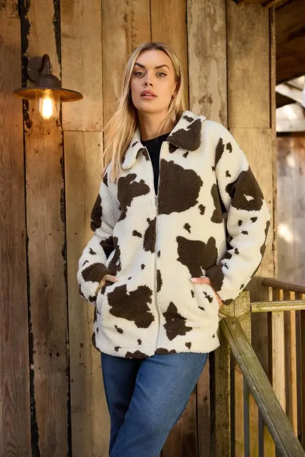 Yours Plus Size Natural Brown Cow Print Teddy Borg Jacket Size 14