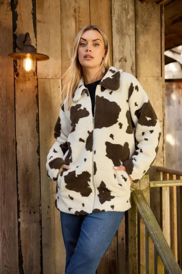 Yours Plus Size Natural Brown Cow Print Teddy Borg Jacket Size 16