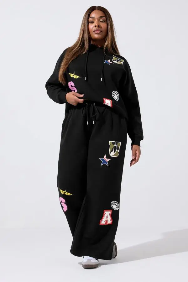 Limited Collection Curve Black Varsity Badge Print Wide Leg Joggers, Women's Curve & Plus Size, Limited Collection