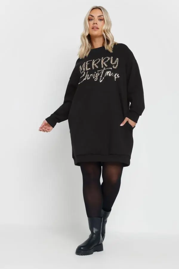 Yours Curve Black 'Merry Christmas' Sequin Embellished Sweatshirt Dress, Women's Curve & Plus Size, Yours