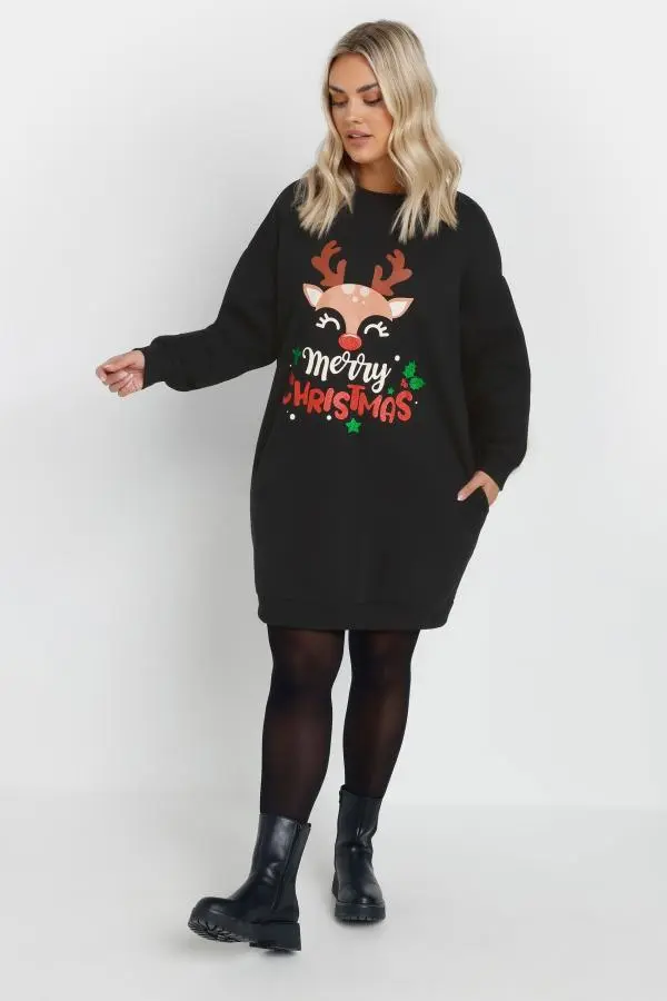 Yours Curve Black 'Merry Christmas' Reindeer Sweatshirt Dress, Women's Curve & Plus Size, Yours