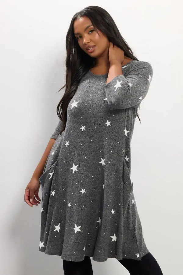 Yours Curve Grey Star Soft Touch Pocket Dress, Women's Curve & Plus Size, Yours