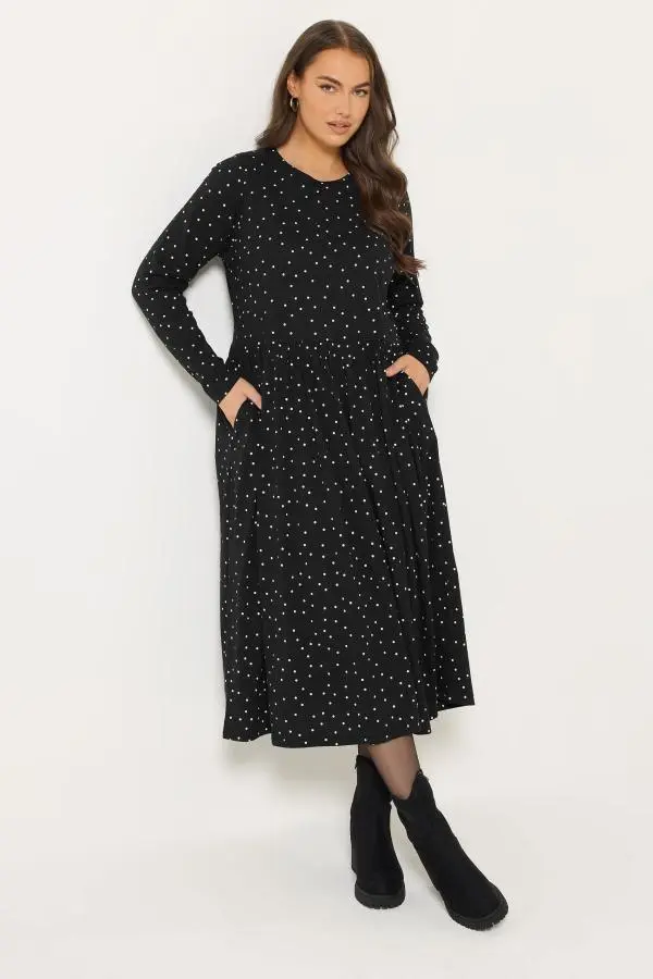 Yours Yours Plus Size Black Polka Dot Peplum Midi Dress Size 16