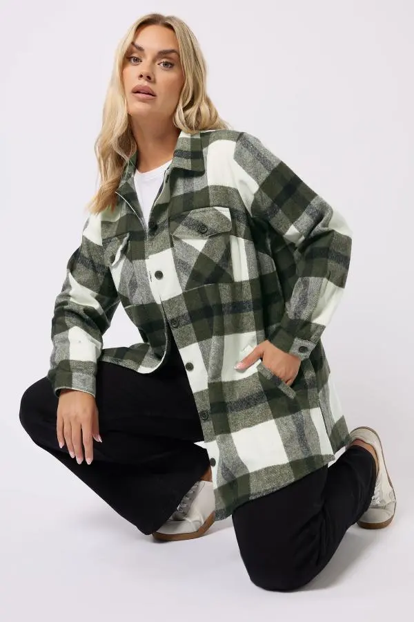 Yours Curve Khaki Green Check Shacket, Women's Curve & Plus Size, Yours