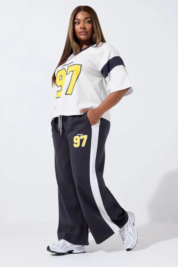 Limited Collection Curve Navy Blue '97' Varsity Wide Leg Joggers, Women's Curve & Plus Size, Limited Collection
