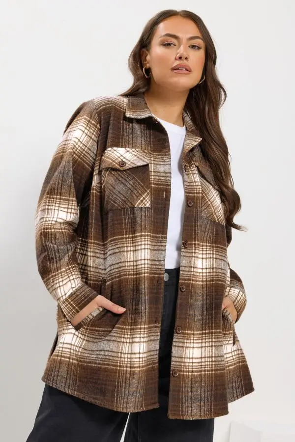Yours Curve Chocolate Brown Check Shacket, Women's Curve & Plus Size, Yours