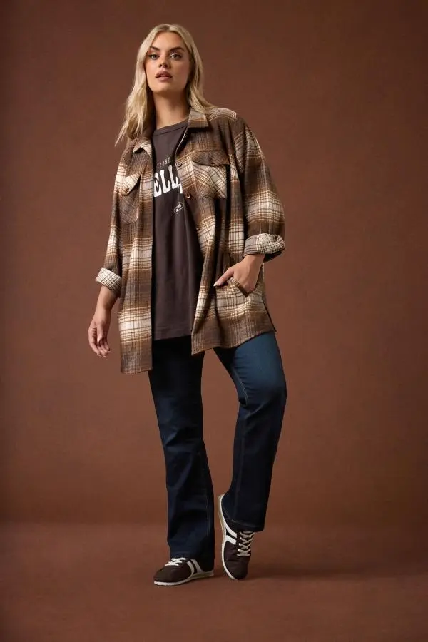 Yours Plus Size Chocolate Brown Check Shacket Size 16