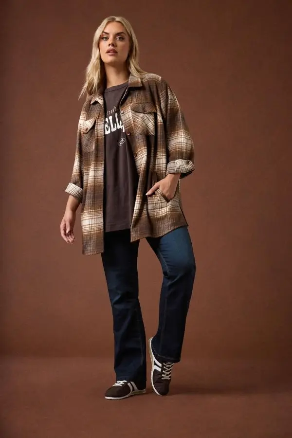 Yours Plus Size Chocolate Brown Check Shacket Size 16