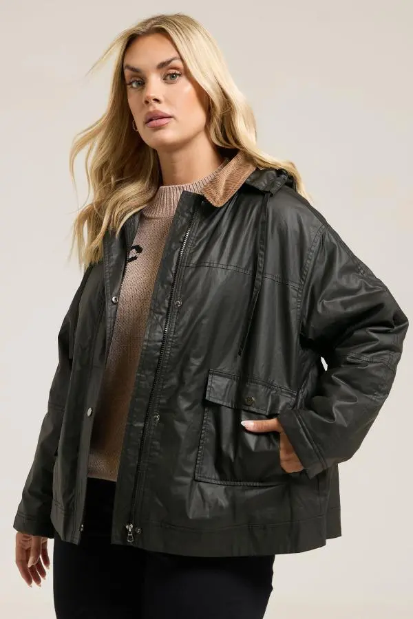 Yours Curve Black Waxed Parka Jacket, Women's Curve & Plus Size, Yours