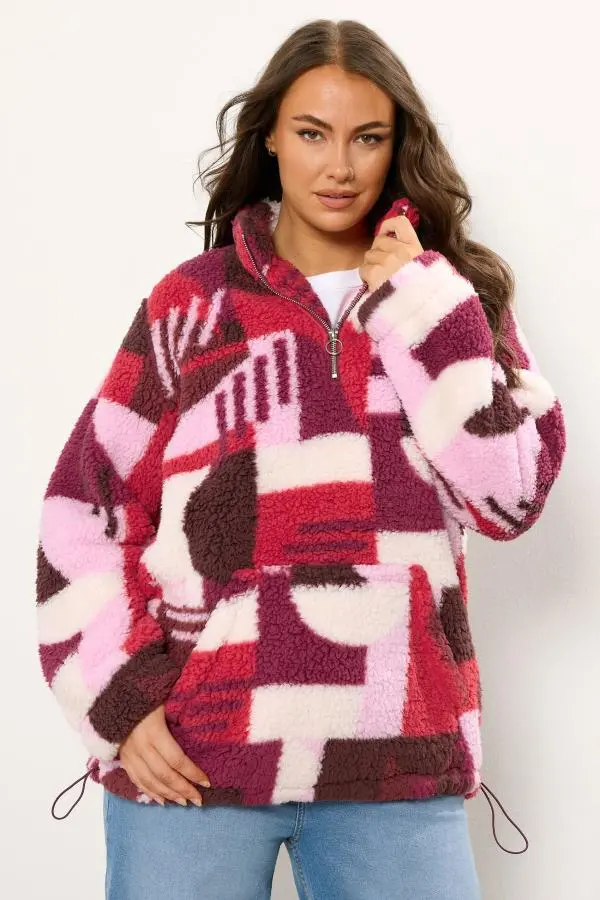 Yours Curve Pink Abstract Quarter Zip Fleece, Women's Curve & Plus Size, Yours