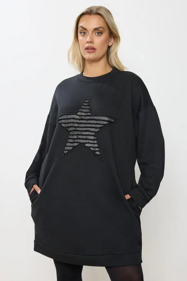 Yours Curve Black Metallic Star Sweatshirt Dress, Women's Curve & Plus Size, Yours