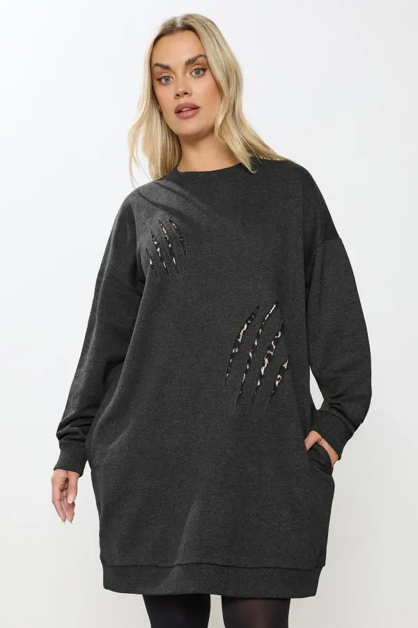 Yours Curve Grey Leopard Slash Sweatshirt Dress, Women's Curve & Plus Size, Yours