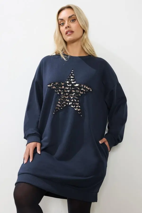 Yours Curve Navy Blue Leopard Star Sweatshirt Dress, Women's Curve & Plus Size, Yours