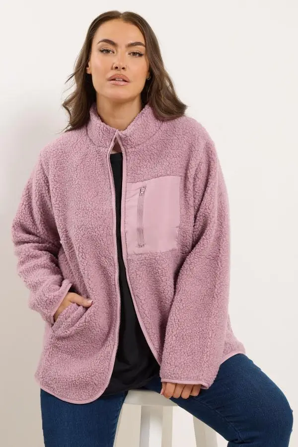 Yours Curve Pink Pocket Teddy Fleece Jacket, Women's Curve & Plus Size, Yours