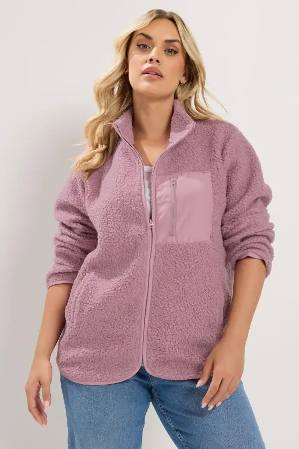 Yours Plus Size Pink Pocket Teddy Fleece Jacket Size 16