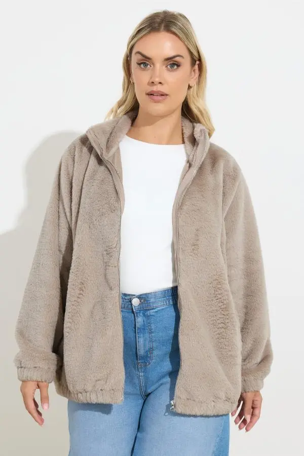 Yours Curve Natural Brown Faux Fur Fleece Jacket, Women's Curve & Plus Size, Yours