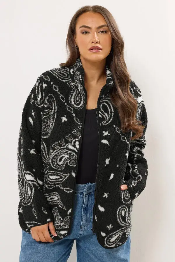 Yours Curve Black Paisley Print Teddy Fleece Jacket, Women's Curve & Plus Size, Yours