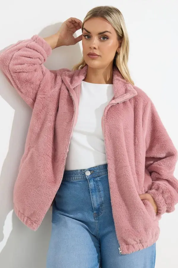 Yours Curve Dusky Pink Zip Through Fleece Jacket, Women's Curve & Plus Size, Yours