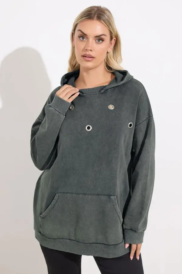 Yours Curve Charcoal Grey Eyelet Hoodie, Women's Curve & Plus Size, Yours