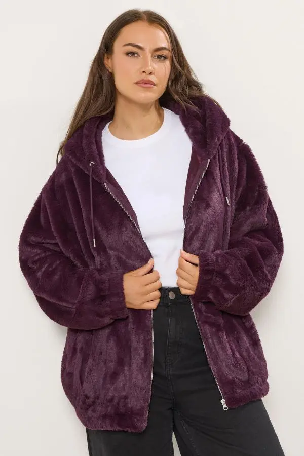 Yours Curve Burgundy Red Faux Fur Hooded Jacket, Women's Curve & Plus Size, Yours