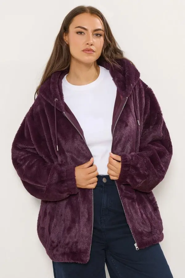 Yours Women's Plus Size Burgundy Red Faux Fur Hooded Jacket Size 16 | Polyester