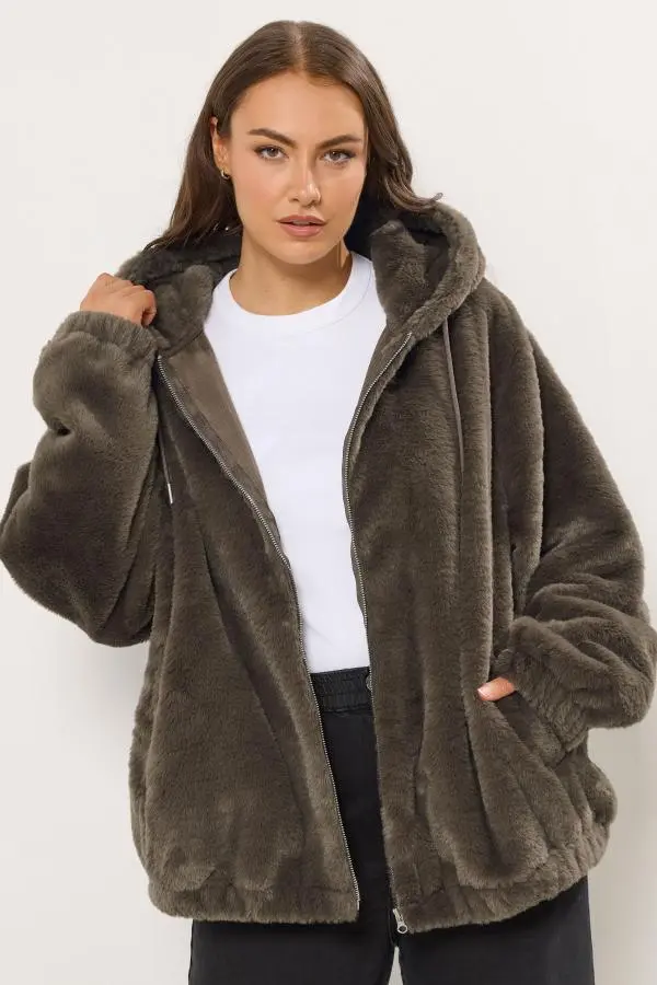 Yours Curve Brown Faux Fur Hooded Jacket, Women's Curve & Plus Size, Yours