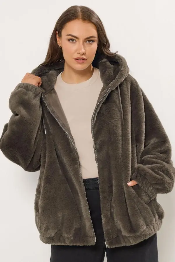 Yours Plus Size Brown Faux Fur Hooded Jacket Size 30-32