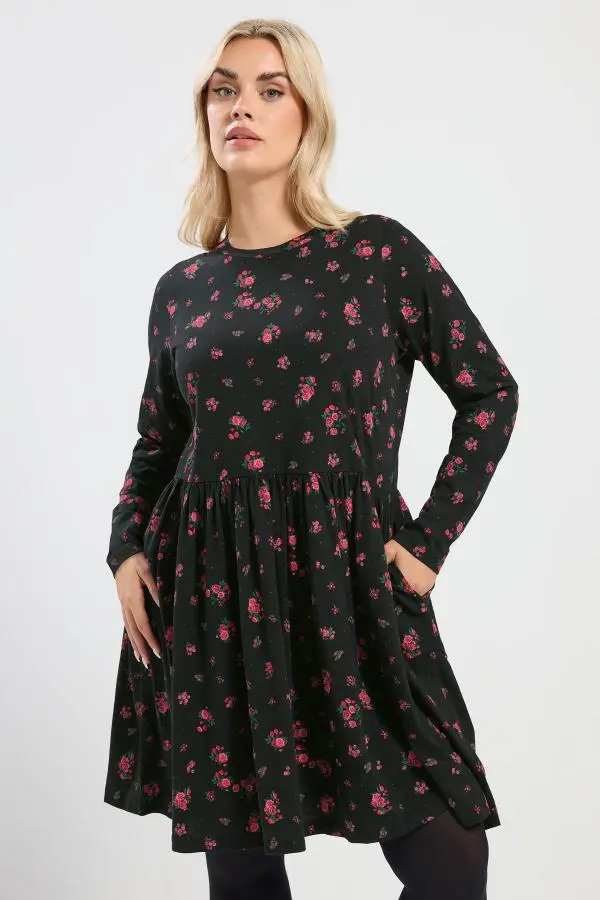 Yours Yours Plus Size Black Rose Print Peplum Mini Dress Size 14