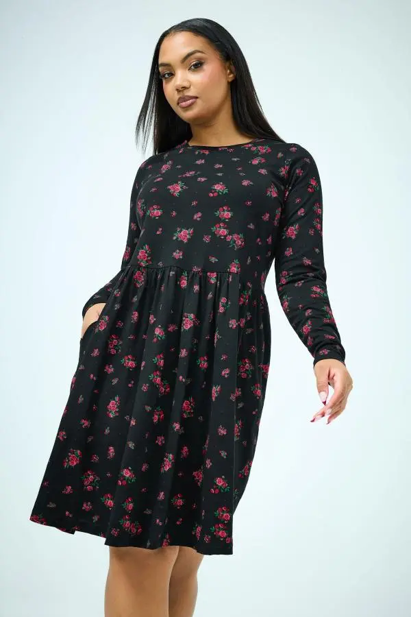 Yours Yours Plus Size Black Rose Print Peplum Mini Dress Size 38-40