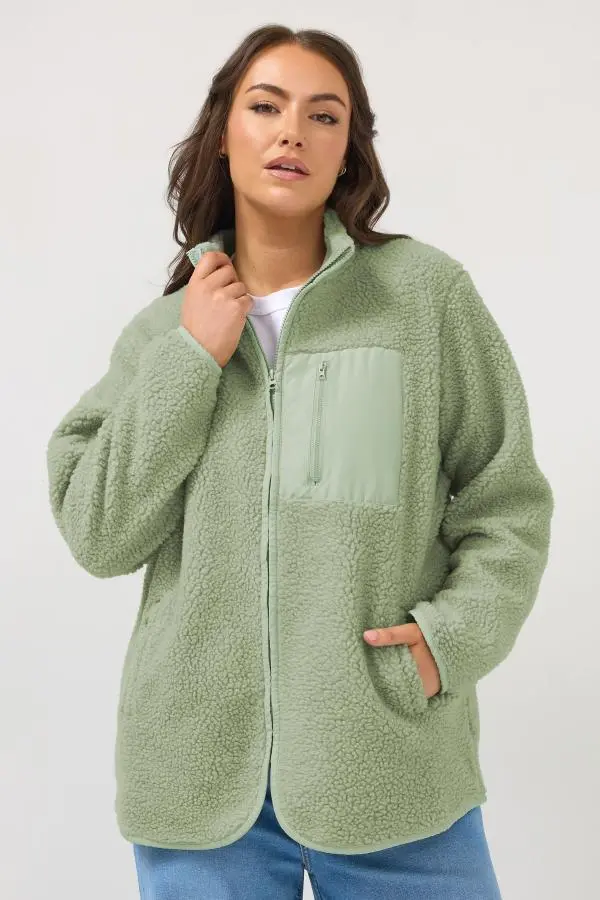 Yours Plus Size Sage Green Pocket Teddy Fleece Jacket Size 26-28