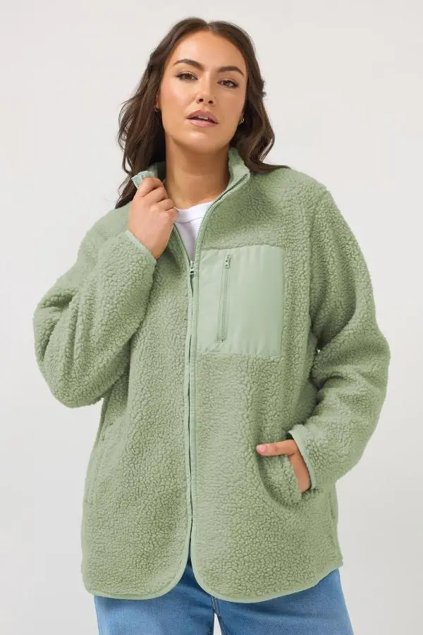 Yours Plus Size Sage Green Pocket Teddy Fleece Jacket Size 30-32