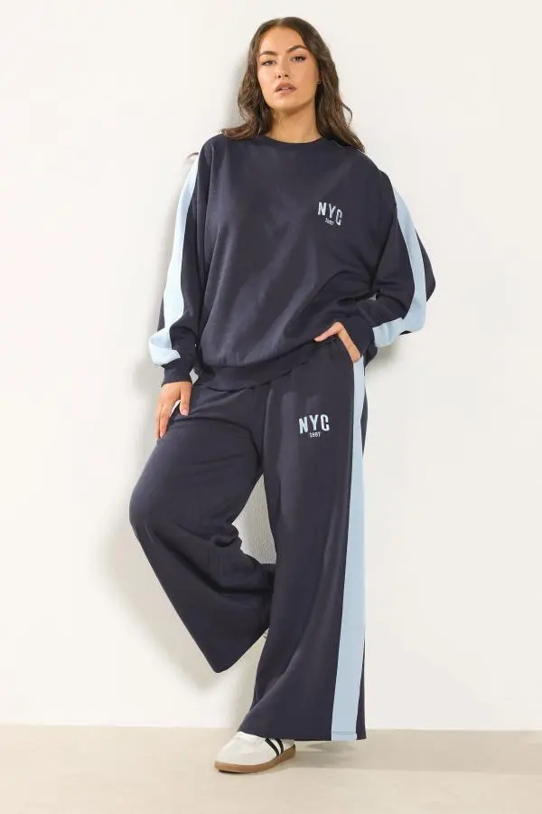 Yours Plus Size Navy Blue 'Nyc' Side Stripe Wide Leg Joggers Size 38-40