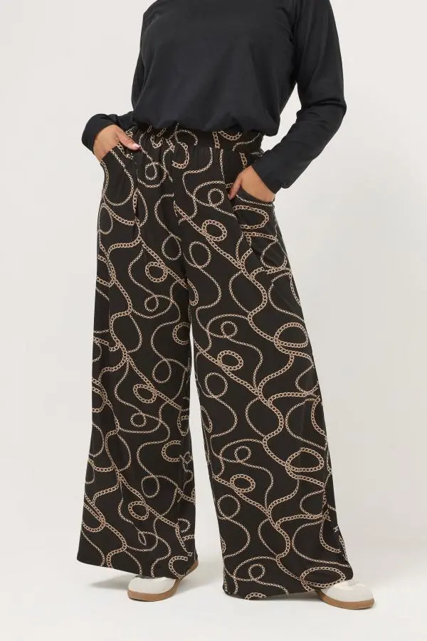 Yours Plus Size Black Chain Print Wide Leg Trousers Size 30-32
