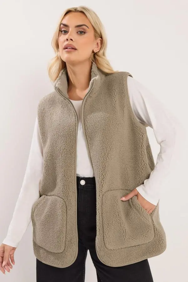 Yours Plus Size Natural Brown Fleece Gilet Size 30-32