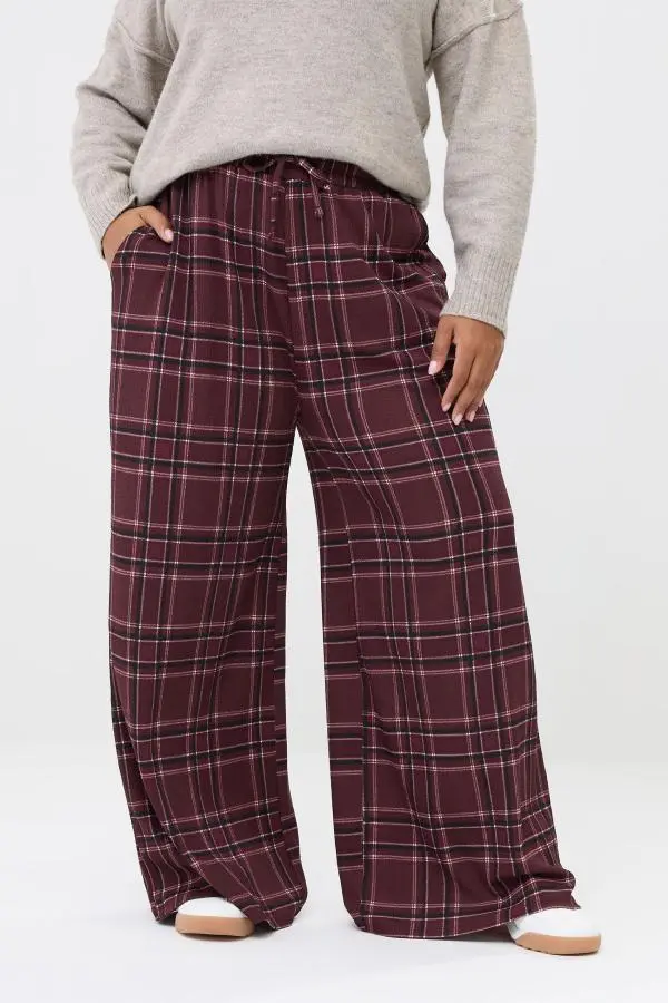 Yours Plus Size Burgundy Red Check Wide Leg Trousers Size 20