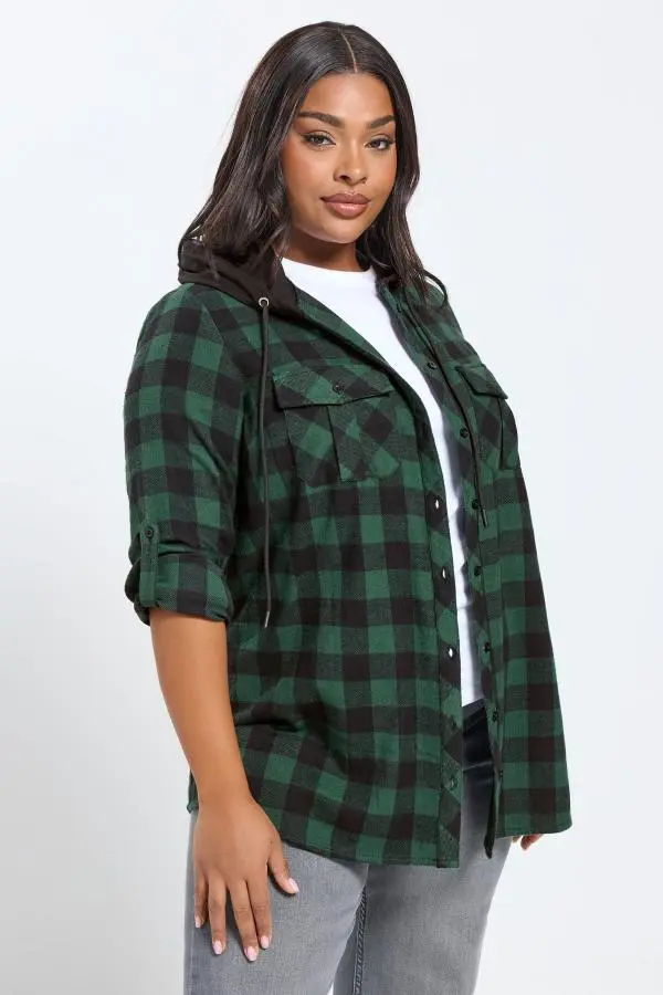 Yours Plus Size Green Hooded Check Shirt Size 30-32