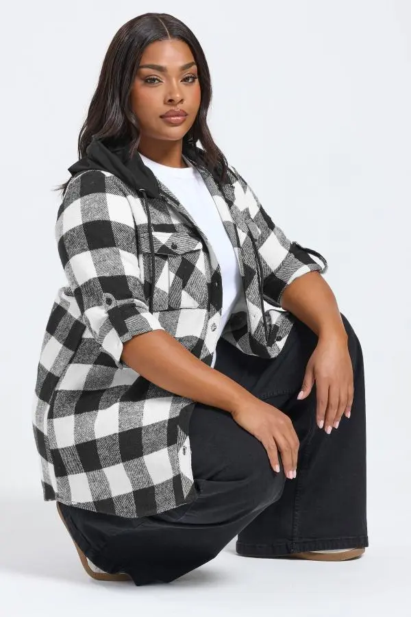 Yours Plus Size Black Hooded Check Shirt Size 34-36