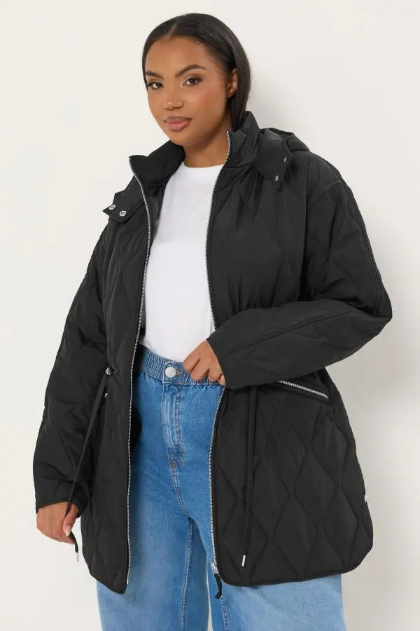 Yours Women’S Plus Size Black Quilted Coat – Midi Length Hooded Padded Jacket Size 30-32