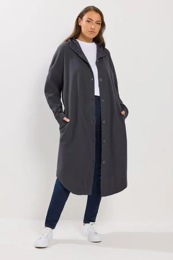 Yours Plus Size Charcoal Grey Button Through Hooded Jacket Size 30-32