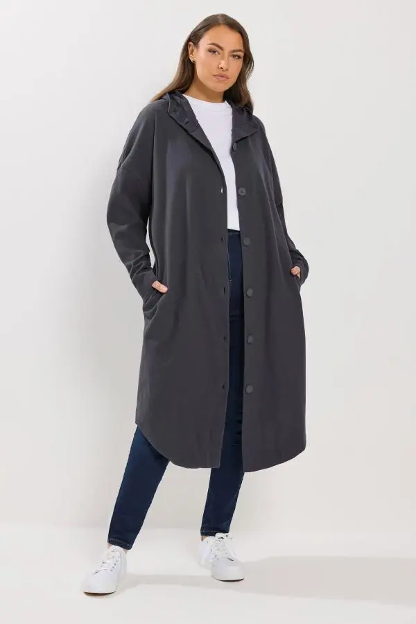 Yours Plus Size Charcoal Grey Button Through Hooded Jacket Size 30-32