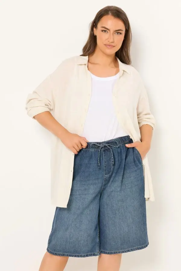 Yours Plus Size Mid Blue Drawstring Shorts Size 38-40