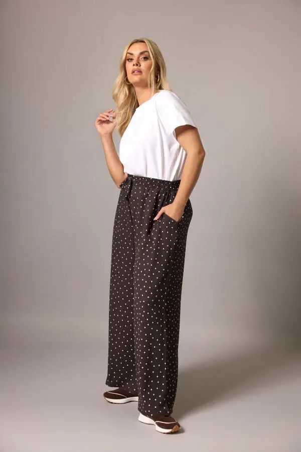 Yours Plus Size Chocolate Brown Polka Dot Wide Leg Trousers Size Regular > 30-32