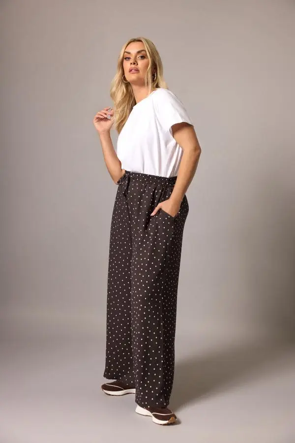 Yours Plus Size Chocolate Brown Polka Dot Wide Leg Trousers Size Short > 34-36
