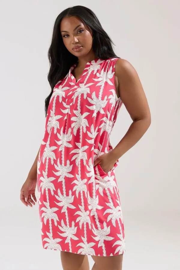 Yours Plus Size Pink Palm Tree Notch Neck Mini Dress Size 30-32