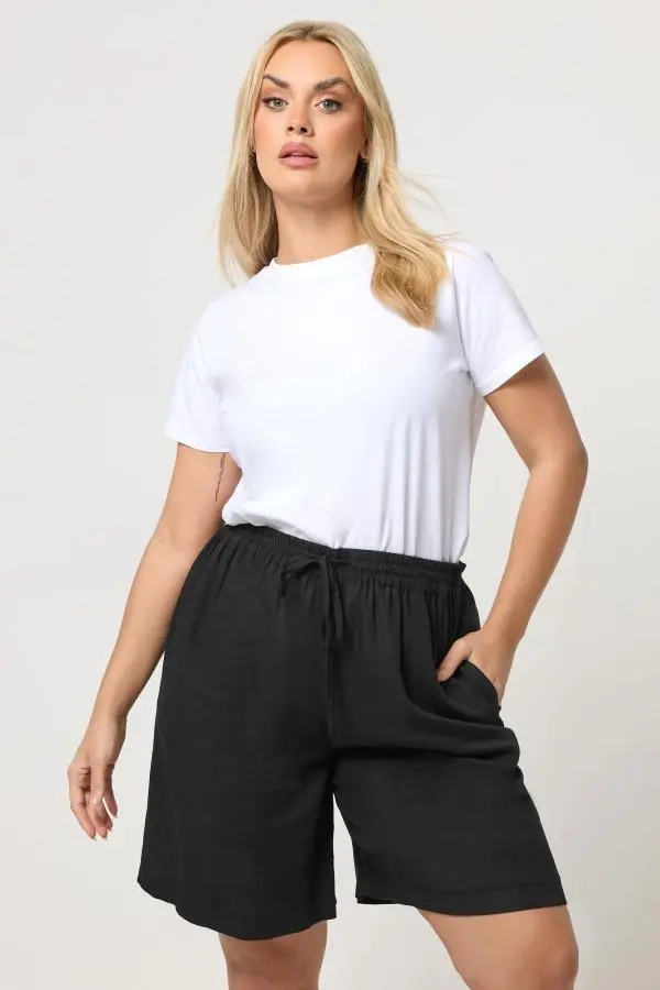 Yours Plus Size Black Drawstring Linen Shorts Size 34-36